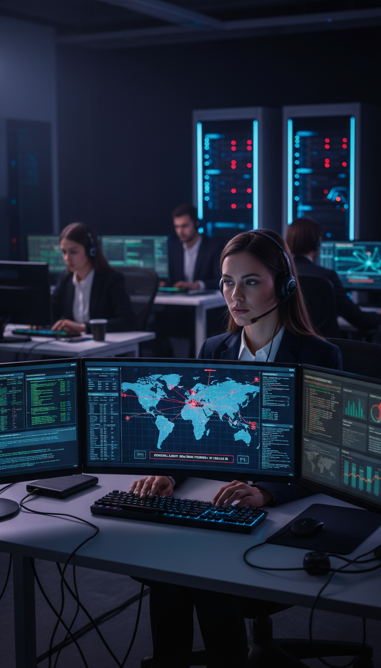a photorealistic vertical image of a security operations center soc in action the scene focuses o