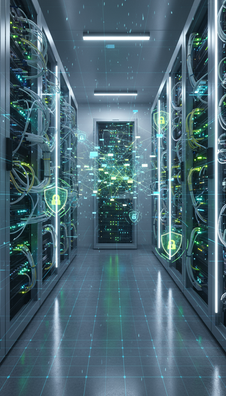 a photorealistic vertical image representing advanced network infrastructure and cybersecurity the