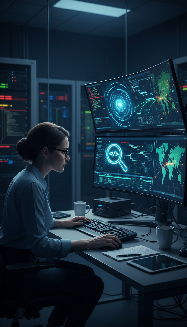 a photorealistic vertical image representing cybersecurity forensics the scene features a highly fo